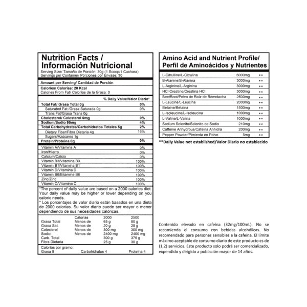 tabla nutricional Intenze - Proscience Fittpro colombia